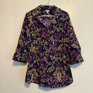 croft & barrow Floral Button-Front Top in Black, Purple & Gold Women's Plus 2X